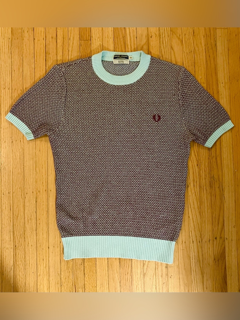 Fred Perry Men’s Short Sleeve Sweater - Burgundy and Light Blue, Size 36